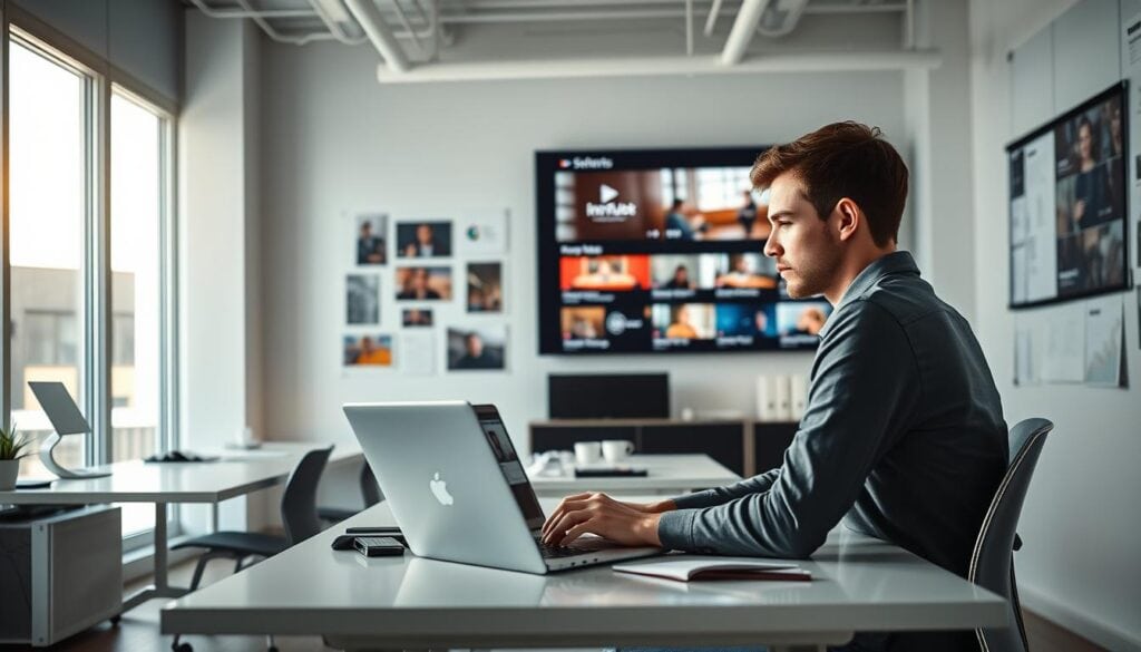 A bright, airy modern office space with floor-to-ceiling windows, sleek minimalist desks, and a large flat-screen display showcasing engaging YouTube Shorts content. A young professional, dressed in business casual attire, sits at a desk, intently focused on a laptop, surrounded by inspirational mood boards, analytics dashboards, and creative brainstorming notes. Soft, directional lighting illuminates the scene, casting dramatic shadows and highlights to create a cinematic, productive atmosphere. The overall mood is one of productivity, innovation, and a passion for creating captivating short-form video content for YouTube's rapidly growing Shorts platform. A bright, airy modern office space with floor-to-ceiling windows, sleek minimalist desks, and a large flat-screen display showcasing engaging YouTube Shorts content. A young professional, dressed in business casual attire, sits at a desk, intently focused on a laptop, surrounded by inspirational mood boards, analytics dashboards, and creative brainstorming notes. Soft, directional lighting illuminates the scene, casting dramatic shadows and highlights to create a cinematic, productive atmosphere. The overall mood is one of productivity, innovation, and a passion for creating captivating short-form video content for YouTube's rapidly growing Shorts platform.