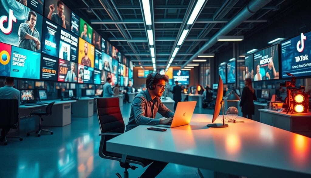 A bustling modern office, the walls adorned with vibrant digital displays showcasing the latest trending sounds and hashtags. In the foreground, a professional content creator sits at a sleek, minimalist desk, meticulously curating a BrandMag social media strategy. Cinematic lighting bathes the scene in a warm, inviting glow, creating a sense of focus and inspiration. The background teems with activity, as the latest viral content plays on screens and digital analytics provide insights into audience engagement. This image captures the essence of leveraging trending sounds and hashtags to drive greater reach and engagement on TikTok.