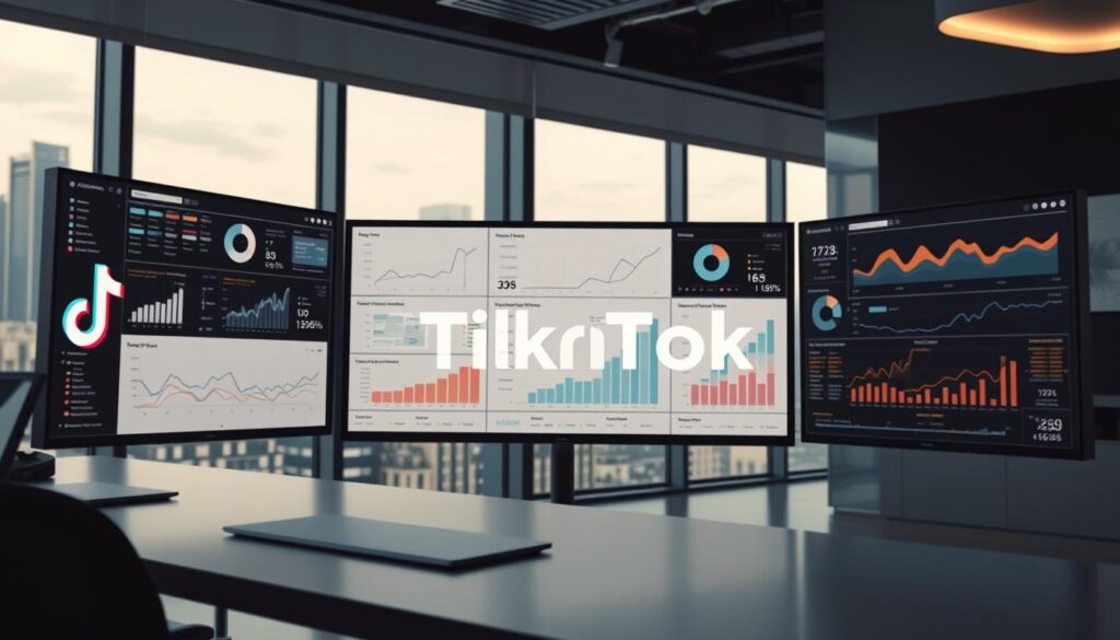 A clean, modern dashboard with various TikTok SEO analytics tools and metrics displayed on high-resolution screens. The scene is bathed in cinematic lighting, creating a professional, business-like atmosphere. In the foreground, the BrandMag logo is prominently featured, indicating this is a specialized analytics suite. The middle ground showcases detailed charts, graphs, and performance data, while the background reveals a sleek, minimalist office setting with large windows overlooking a cityscape. The overall impression is one of a powerful, comprehensive TikTok SEO analytics platform.