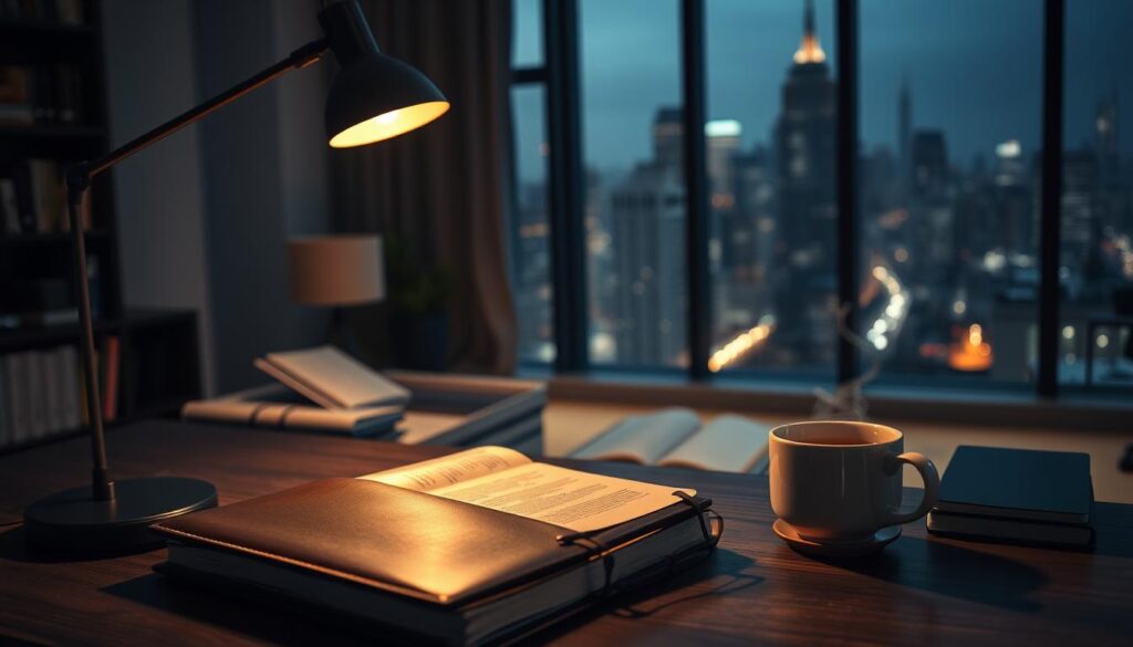 A dimly lit, modern home office sets the stage for a meticulously crafted nighttime routine. In the foreground, a desk lamp casts a warm, focused glow on a leather-bound planner, a pair of reading glasses, and a steaming mug of herbal tea. Across the room, a floor-to-ceiling bookshelf frames a large window, revealing the city skyline beyond, bathed in the soft glow of streetlights. Subtle ambient lighting emanates from hidden sources, creating a cozy, contemplative atmosphere. The scene conveys a sense of intentionality and focus, as the successful CEO prepares for the next day's challenges with a well-practiced evening routine. A dimly lit, modern home office sets the stage for a meticulously crafted nighttime routine. In the foreground, a desk lamp casts a warm, focused glow on a leather-bound planner, a pair of reading glasses, and a steaming mug of herbal tea. Across the room, a floor-to-ceiling bookshelf frames a large window, revealing the city skyline beyond, bathed in the soft glow of streetlights. Subtle ambient lighting emanates from hidden sources, creating a cozy, contemplative atmosphere. The scene conveys a sense of intentionality and focus, as the successful CEO prepares for the next day's challenges with a well-practiced evening routine.