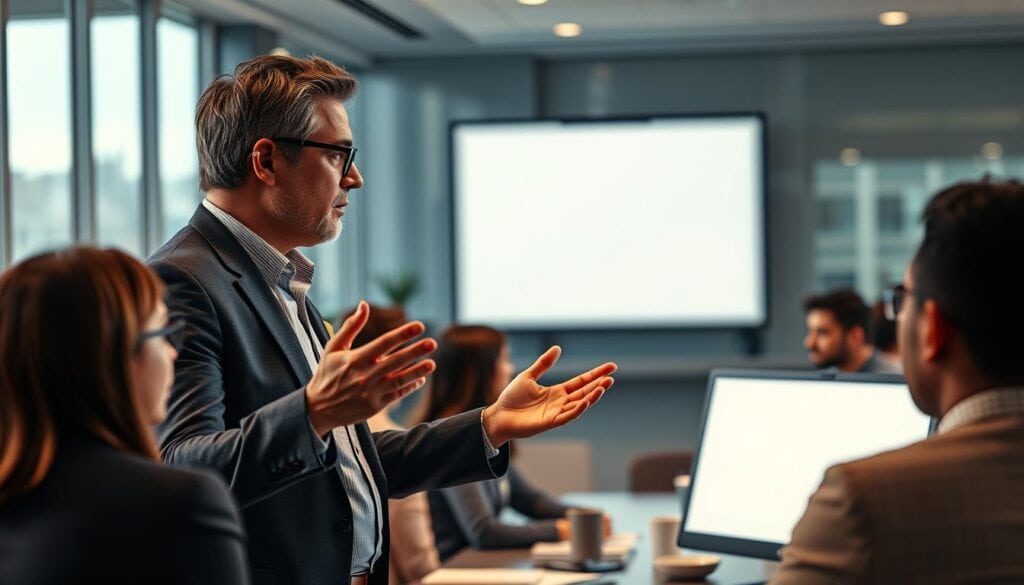 A dynamic business presentation unfolding like a cinematic tale, set against the backdrop of a sleek, modern office. Soft, cinematic lighting casts a warm glow, drawing the viewer's eye to the captivating visuals. In the foreground, a seasoned entrepreneur gestures passionately, their words weaving a compelling narrative that captivates the attentive investors. The middle ground features a minimalist slide deck, its elegant design complementing the speaker's emotive delivery. In the background, the office setting exudes a sense of professionalism and innovation, hinting at the company's potential. Photorealistic in detail, this scene encapsulates the art of storytelling within the high-stakes world of investor presentations.