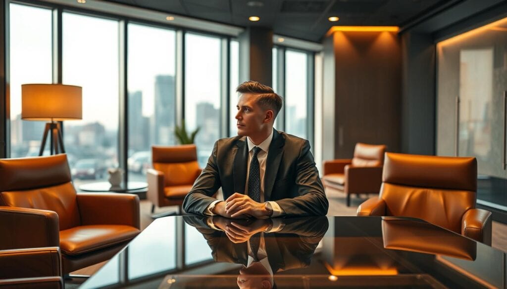 A high-end modern office space with sleek, sophisticated furnishings. Warm, cinematic lighting casts a refined glow, highlighting the details of premium-quality leather chairs, a polished glass desk, and a minimalist, yet elegant decor. In the foreground, a professional-looking person, dressed in a well-tailored suit, sits at the desk, deep in thought, exemplifying the image of a successful, high-ticket service provider. The middle ground features a large window overlooking a bustling cityscape, while the background is softly blurred, creating a sense of depth and focus on the central figure. The overall atmosphere conveys an aura of expertise, exclusivity, and the promise of personalized, high-value services. A high-end modern office space with sleek, sophisticated furnishings. Warm, cinematic lighting casts a refined glow, highlighting the details of premium-quality leather chairs, a polished glass desk, and a minimalist, yet elegant decor. In the foreground, a professional-looking person, dressed in a well-tailored suit, sits at the desk, deep in thought, exemplifying the image of a successful, high-ticket service provider. The middle ground features a large window overlooking a bustling cityscape, while the background is softly blurred, creating a sense of depth and focus on the central figure. The overall atmosphere conveys an aura of expertise, exclusivity, and the promise of personalized, high-value services.