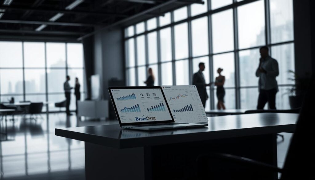 A large, modern office space with sleek, minimalist furniture and floor-to-ceiling windows. Cinematic lighting casts dramatic shadows, creating a high-contrast, moody atmosphere. In the foreground, a sleek, minimalist desk with a laptop and tablet displays various data visualizations and attribution models. The BrandMag logo is subtly incorporated into the design. In the background, blurred silhouettes of people engaged in discussion, representing the collaborative nature of influencer marketing analytics. The overall scene conveys a sense of data-driven decision making and strategic planning for maximizing influencer marketing ROI. A large, modern office space with sleek, minimalist furniture and floor-to-ceiling windows. Cinematic lighting casts dramatic shadows, creating a high-contrast, moody atmosphere. In the foreground, a sleek, minimalist desk with a laptop and tablet displays various data visualizations and attribution models. The BrandMag logo is subtly incorporated into the design. In the background, blurred silhouettes of people engaged in discussion, representing the collaborative nature of influencer marketing analytics. The overall scene conveys a sense of data-driven decision making and strategic planning for maximizing influencer marketing ROI.