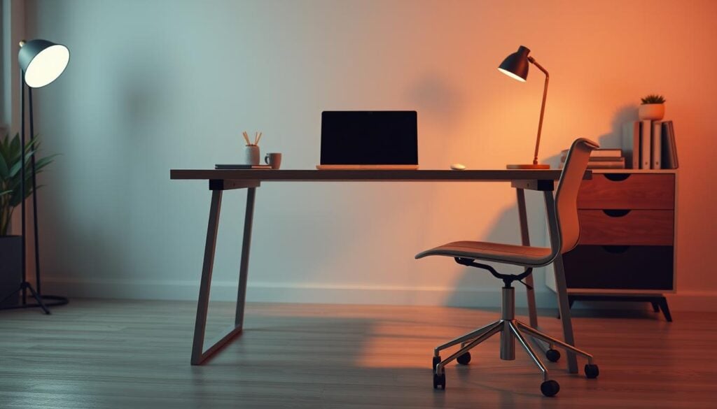 A minimalist desk and furniture arrangement, capturing the essence of a productive home office setup. The desk stands as the focal point, its clean lines and neutral tones complemented by a sleek, modern chair. Warm, directional lighting illuminates the scene, casting subtle shadows and accentuating the textures of the wood and metal. In the background, a subtle bookshelf or storage unit adds a touch of organization, while the overall composition conveys a sense of balance and understated elegance. The camera angle is slightly elevated, providing a comprehensive view of the setup's scale and proportions. Photorealistic, cinematic quality, 8K resolution. A minimalist desk and furniture arrangement, capturing the essence of a productive home office setup. The desk stands as the focal point, its clean lines and neutral tones complemented by a sleek, modern chair. Warm, directional lighting illuminates the scene, casting subtle shadows and accentuating the textures of the wood and metal. In the background, a subtle bookshelf or storage unit adds a touch of organization, while the overall composition conveys a sense of balance and understated elegance. The camera angle is slightly elevated, providing a comprehensive view of the setup's scale and proportions. Photorealistic, cinematic quality, 8K resolution.