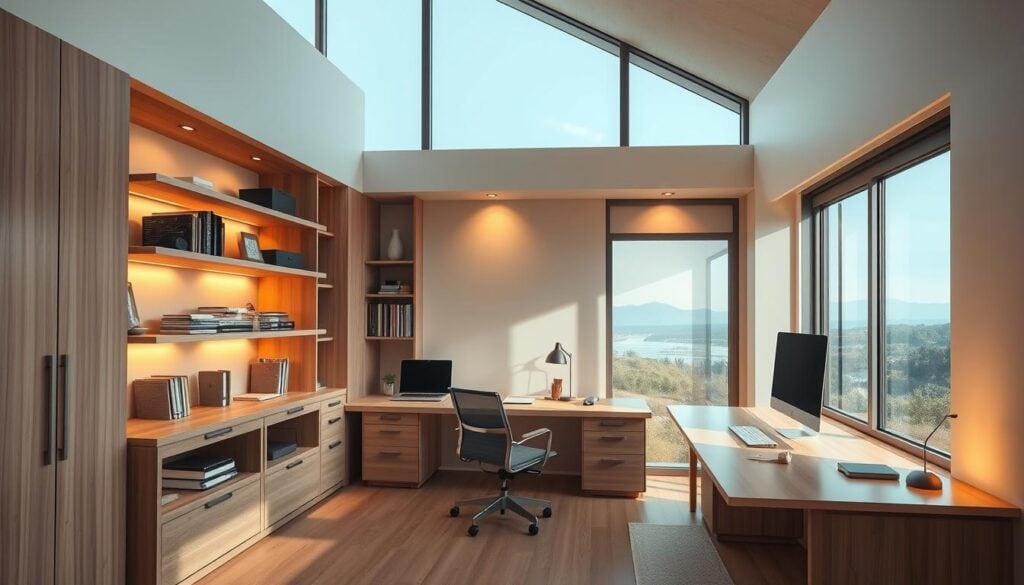 A minimalist, modern home office with sleek, customizable storage solutions. Streamlined shelves, hidden drawers, and modular organizers neatly stow away essentials. Warm, directional lighting highlights the clean lines and natural wood tones. The scene conveys an atmosphere of organized productivity, with every item thoughtfully placed for maximum efficiency. A large, panoramic window provides ample natural illumination, blending the interior with the serene outdoor landscape. The overall composition showcases a harmonious balance of form and function, inspiring a sense of calm focus. A minimalist, modern home office with sleek, customizable storage solutions. Streamlined shelves, hidden drawers, and modular organizers neatly stow away essentials. Warm, directional lighting highlights the clean lines and natural wood tones. The scene conveys an atmosphere of organized productivity, with every item thoughtfully placed for maximum efficiency. A large, panoramic window provides ample natural illumination, blending the interior with the serene outdoor landscape. The overall composition showcases a harmonious balance of form and function, inspiring a sense of calm focus.