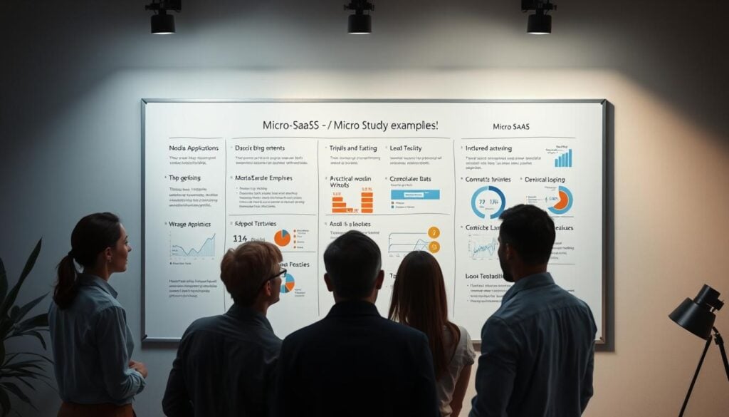 A modern, minimalist office setting with a whiteboard displaying various micro-SaaS case studies and examples. Soft, cinematic lighting casts dramatic shadows, creating a pensive atmosphere. In the foreground, a team of professionals intently discussing the data and insights presented on the board. The scene is captured in a high-resolution, photorealistic style, showcasing the real-world applications and success stories of micro-SaaS ventures. A modern, minimalist office setting with a whiteboard displaying various micro-SaaS case studies and examples. Soft, cinematic lighting casts dramatic shadows, creating a pensive atmosphere. In the foreground, a team of professionals intently discussing the data and insights presented on the board. The scene is captured in a high-resolution, photorealistic style, showcasing the real-world applications and success stories of micro-SaaS ventures.
