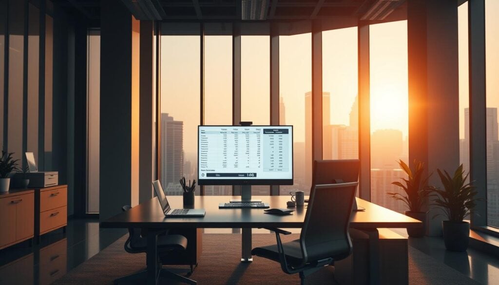 A modern, minimalist office space flooded with warm, cinematic lighting. In the foreground, a sleek desk and chair arrangement, meticulously organized with essential business tools. The middle ground showcases a financial spreadsheet displayed on a high-resolution monitor, symbolizing data-driven cost optimization. In the background, tall, panoramic windows offer a cityscape view, evoking a sense of urban prosperity. The overall mood is one of efficiency, professionalism, and a strategic approach to maximizing profits. Photorealistic, 8K quality. A modern, minimalist office space flooded with warm, cinematic lighting. In the foreground, a sleek desk and chair arrangement, meticulously organized with essential business tools. The middle ground showcases a financial spreadsheet displayed on a high-resolution monitor, symbolizing data-driven cost optimization. In the background, tall, panoramic windows offer a cityscape view, evoking a sense of urban prosperity. The overall mood is one of efficiency, professionalism, and a strategic approach to maximizing profits. Photorealistic, 8K quality.