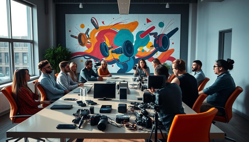 A modern, minimalist office space with large windows and natural light streaming in. In the foreground, a group of diverse content creators sit around a sleek conference table, engaged in a lively discussion. The middle ground showcases various digital devices, cameras, and production equipment, hinting at the tools of their trade. The background features a large, abstract mural depicting vibrant colors and dynamic shapes, symbolizing the boundless creativity and innovative strategies at the heart of the creator economy. The lighting is cinematic, casting dramatic shadows and highlights across the scene. This 8K photorealistic image conveys the energy, collaboration, and forward-thinking mindset needed for success in the creator economy. A modern, minimalist office space with large windows and natural light streaming in. In the foreground, a group of diverse content creators sit around a sleek conference table, engaged in a lively discussion. The middle ground showcases various digital devices, cameras, and production equipment, hinting at the tools of their trade. The background features a large, abstract mural depicting vibrant colors and dynamic shapes, symbolizing the boundless creativity and innovative strategies at the heart of the creator economy. The lighting is cinematic, casting dramatic shadows and highlights across the scene. This 8K photorealistic image conveys the energy, collaboration, and forward-thinking mindset needed for success in the creator economy.