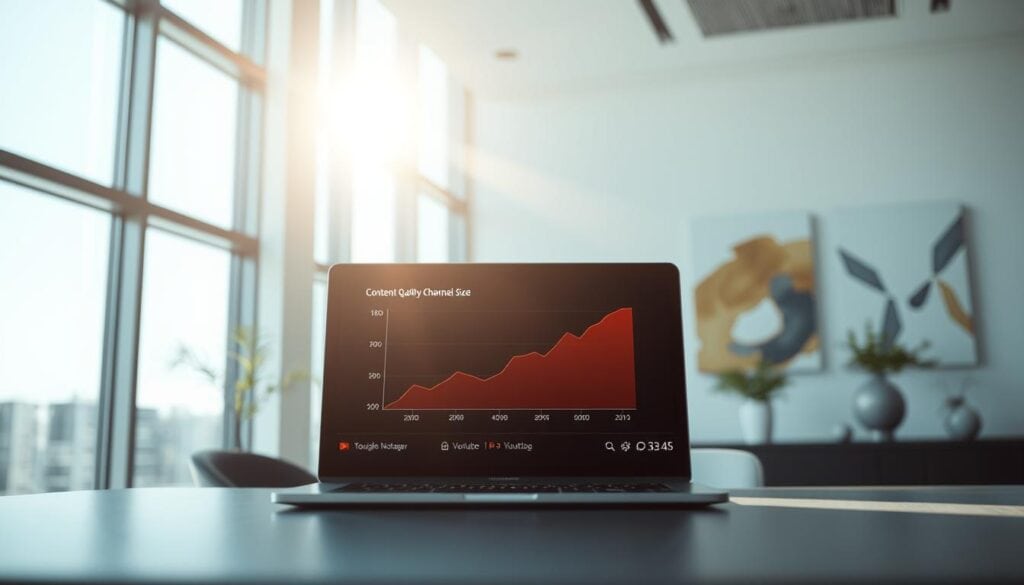 A modern office space, sunlight streaming through floor-to-ceiling windows, casting a warm glow over a sleek, minimalist workspace. In the foreground, a laptop displays a graph contrasting content quality and channel size - the central focus of the scene. Sophisticated lighting illuminates the scene, creating depth and emphasizing the data visualization. The background features abstract, geometric art pieces, hinting at the dynamic, cutting-edge nature of the topic. Rendered in 8K resolution, this photorealistic business scene conveys the importance of balancing content quality and channel growth in the evolving YouTube landscape. A modern office space, sunlight streaming through floor-to-ceiling windows, casting a warm glow over a sleek, minimalist workspace. In the foreground, a laptop displays a graph contrasting content quality and channel size - the central focus of the scene. Sophisticated lighting illuminates the scene, creating depth and emphasizing the data visualization. The background features abstract, geometric art pieces, hinting at the dynamic, cutting-edge nature of the topic. Rendered in 8K resolution, this photorealistic business scene conveys the importance of balancing content quality and channel growth in the evolving YouTube landscape.