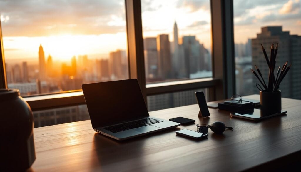 A modern office space with a laptop, smartphone, and other digital devices strategically arranged on a minimalist wooden desk. Soft, cinematic lighting illuminates the scene, creating a serene and focused atmosphere. The window in the background offers a view of a bustling city skyline, symbolizing the balance between work and personal life. The overall composition conveys a sense of productivity and mindfulness, capturing the essence of leveraging technology to enhance work-life harmony. A modern office space with a laptop, smartphone, and other digital devices strategically arranged on a minimalist wooden desk. Soft, cinematic lighting illuminates the scene, creating a serene and focused atmosphere. The window in the background offers a view of a bustling city skyline, symbolizing the balance between work and personal life. The overall composition conveys a sense of productivity and mindfulness, capturing the essence of leveraging technology to enhance work-life harmony.