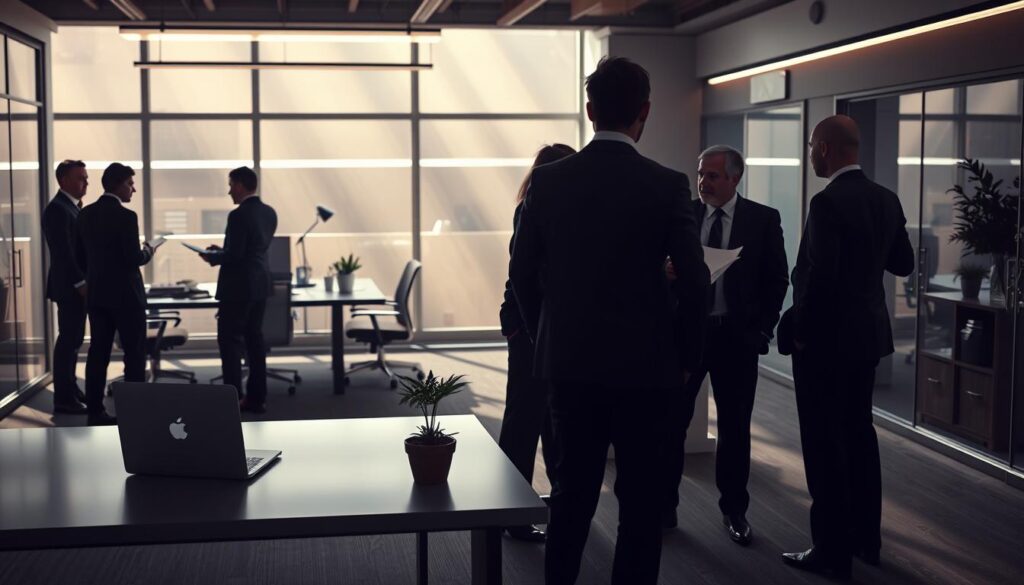 A modern office space with a stark contrast between a well-funded, bustling workspace and a smaller, more sparsely decorated area. The foreground features a group of businesspeople in sharp suits, gesticulating and discussing papers, symbolizing the dilution of control as venture capital funding increases. The middle ground showcases a sleek, minimalist desk with a laptop and a small potted plant, representing the entrepreneur's diminishing autonomy. The background is bathed in cinematic, dramatic lighting, casting long shadows and creating a sense of foreboding, hinting at the loss of control that comes with venture capital investment. Photorealistic, 8K resolution. A modern office space with a stark contrast between a well-funded, bustling workspace and a smaller, more sparsely decorated area. The foreground features a group of businesspeople in sharp suits, gesticulating and discussing papers, symbolizing the dilution of control as venture capital funding increases. The middle ground showcases a sleek, minimalist desk with a laptop and a small potted plant, representing the entrepreneur's diminishing autonomy. The background is bathed in cinematic, dramatic lighting, casting long shadows and creating a sense of foreboding, hinting at the loss of control that comes with venture capital investment. Photorealistic, 8K resolution.
