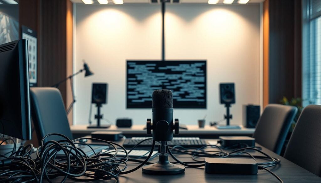 A modern office space with cinematic lighting, showcasing common streaming mistakes in a photorealistic business setting. In the foreground, a cluttered desk with tangled cables, a poorly positioned webcam, and a microphone that's too far from the user. In the middle ground, a partially obscured monitor displaying a glitchy video feed. The background features a poorly lit backdrop, creating a distracting and unprofessional environment. The overall mood is one of frustration and a lack of attention to detail, emphasizing the importance of a well-planned and executed budget Twitch streaming setup for beginners. A modern office space with cinematic lighting, showcasing common streaming mistakes in a photorealistic business setting. In the foreground, a cluttered desk with tangled cables, a poorly positioned webcam, and a microphone that's too far from the user. In the middle ground, a partially obscured monitor displaying a glitchy video feed. The background features a poorly lit backdrop, creating a distracting and unprofessional environment. The overall mood is one of frustration and a lack of attention to detail, emphasizing the importance of a well-planned and executed budget Twitch streaming setup for beginners.