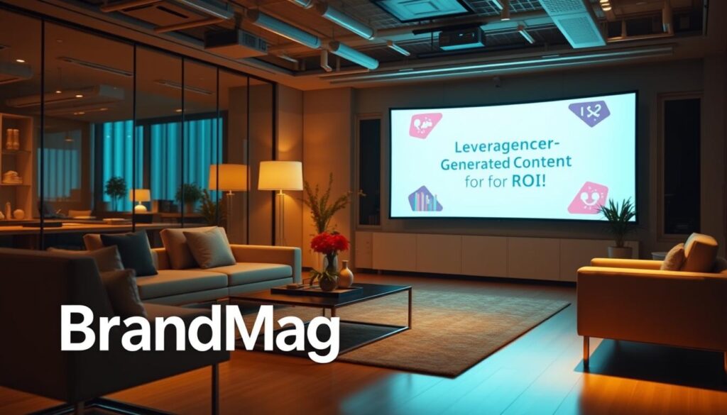 A modern office space with sleek furniture and minimalist decor. On a large, curved LED display, a presentation titled "Leveraging Influencer-Generated Content for ROI" is being showcased. The room is bathed in warm, cinematic lighting, creating a professional and inviting atmosphere. In the foreground, a BrandMag logo is prominently displayed, reflecting the article's focus. The image conveys a sense of data-driven strategy, showcasing how influencer marketing can be a valuable asset for brands. A modern office space with sleek furniture and minimalist decor. On a large, curved LED display, a presentation titled "Leveraging Influencer-Generated Content for ROI" is being showcased. The room is bathed in warm, cinematic lighting, creating a professional and inviting atmosphere. In the foreground, a BrandMag logo is prominently displayed, reflecting the article's focus. The image conveys a sense of data-driven strategy, showcasing how influencer marketing can be a valuable asset for brands.