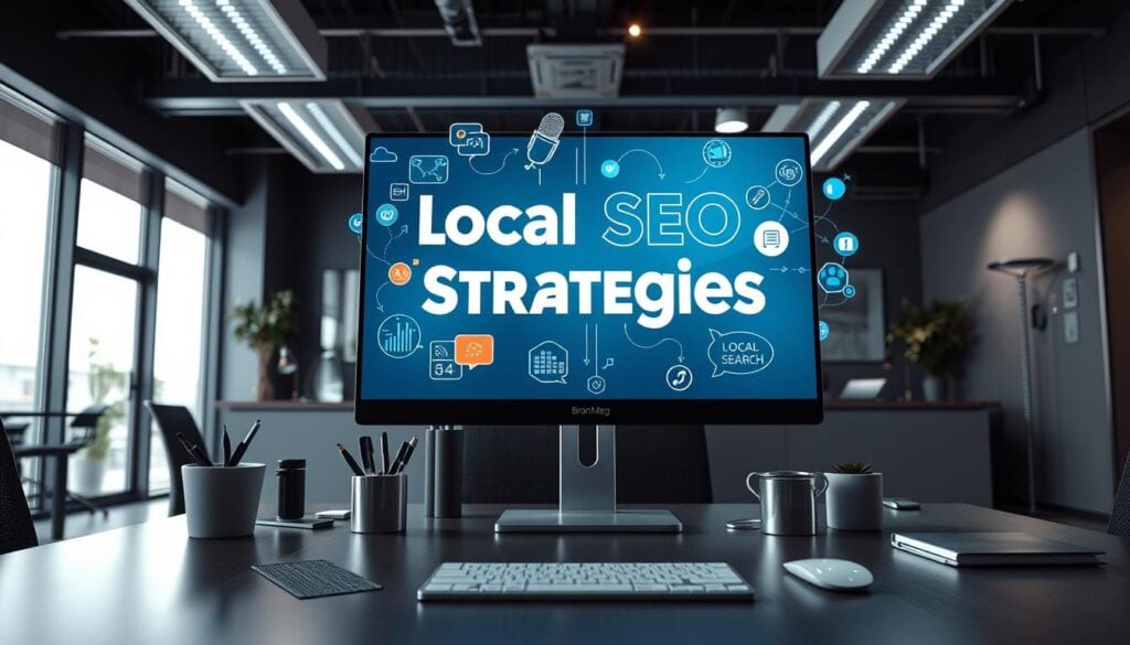 A modern, photorealistic office space with cinematic lighting showcasing a dynamic "Local SEO Strategies" display. Intricate details of a BrandMag-branded computer screen, desk accessories, and abstract graphics illustrate the key concepts of voice search optimization and local SEO. The scene conveys a professional, tech-savvy atmosphere, inviting the viewer to explore the strategies for voice search success. A modern, photorealistic office space with cinematic lighting showcasing a dynamic "Local SEO Strategies" display. Intricate details of a BrandMag-branded computer screen, desk accessories, and abstract graphics illustrate the key concepts of voice search optimization and local SEO. The scene conveys a professional, tech-savvy atmosphere, inviting the viewer to explore the strategies for voice search success.
