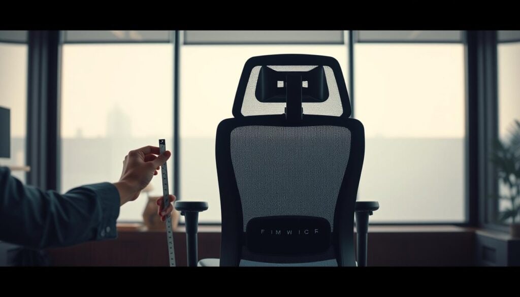 A modern, professional-looking office setting with an ergonomic office chair in the foreground. The chair is positioned in a well-lit area, with a clean, minimalist backdrop. A person's hands are measuring the chair's dimensions, such as seat height, depth, and backrest height, using a ruler or tape measure. The lighting is soft and natural, creating a warm, inviting atmosphere. The image conveys a sense of thoughtful consideration for finding the right chair fit and comfort level. Photorealistic, cinematic lighting, 8k, no text. A modern, professional-looking office setting with an ergonomic office chair in the foreground. The chair is positioned in a well-lit area, with a clean, minimalist backdrop. A person's hands are measuring the chair's dimensions, such as seat height, depth, and backrest height, using a ruler or tape measure. The lighting is soft and natural, creating a warm, inviting atmosphere. The image conveys a sense of thoughtful consideration for finding the right chair fit and comfort level. Photorealistic, cinematic lighting, 8k, no text.