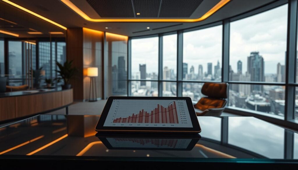 A modern, well-appointed venture capital office, bathed in warm, cinematic lighting. In the foreground, a sleek glass-topped desk holds a tablet displaying financial data and graphs, symbolizing the risks and rewards of VC investments. The middle ground features a plush leather chair, suggesting the decision-makers who wield significant influence. In the background, floor-to-ceiling windows offer a panoramic view of a bustling city skyline, hinting at the broader economic landscape. The overall mood is one of professional sophistication, calculated risk, and the pursuit of high-stakes opportunities. Photorealistic, 8K resolution. A modern, well-appointed venture capital office, bathed in warm, cinematic lighting. In the foreground, a sleek glass-topped desk holds a tablet displaying financial data and graphs, symbolizing the risks and rewards of VC investments. The middle ground features a plush leather chair, suggesting the decision-makers who wield significant influence. In the background, floor-to-ceiling windows offer a panoramic view of a bustling city skyline, hinting at the broader economic landscape. The overall mood is one of professional sophistication, calculated risk, and the pursuit of high-stakes opportunities. Photorealistic, 8K resolution.
