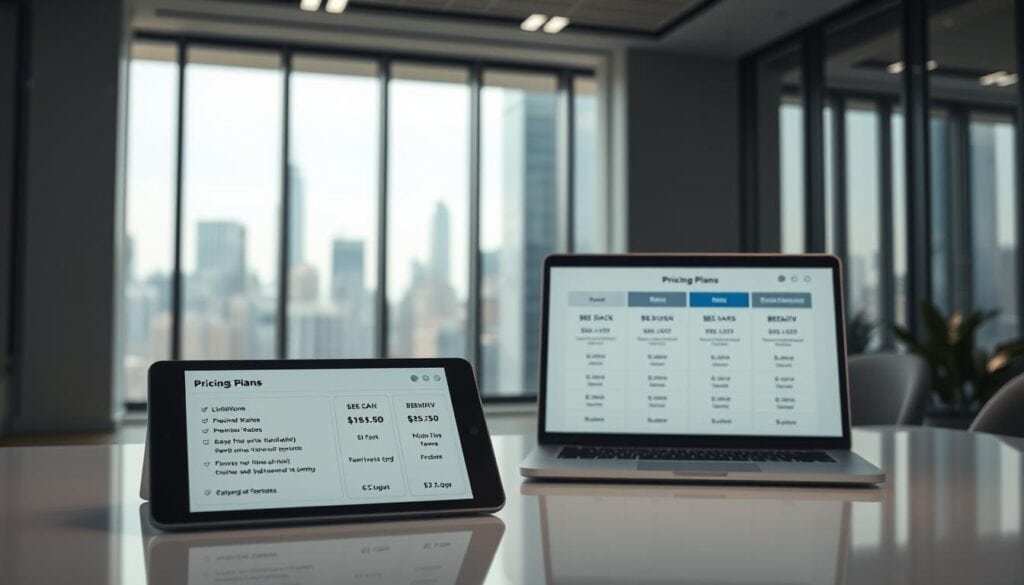 A modern, well-lit office interior with a sleek, minimalist desk showcasing various pricing plans and subscription models. The foreground features a tablet displaying a detailed breakdown of free plan limitations, contrasted with premium tiers and their respective features. The middle ground showcases a laptop displaying a comparative analysis of Substack and Beehiiv's pricing structures, while the background features floor-to-ceiling windows overlooking a bustling cityscape, creating a professional, high-end atmosphere. Cinematic lighting and depth of field emphasize the importance of the financial details. Photorealistic, 8K quality. A modern, well-lit office interior with a sleek, minimalist desk showcasing various pricing plans and subscription models. The foreground features a tablet displaying a detailed breakdown of free plan limitations, contrasted with premium tiers and their respective features. The middle ground showcases a laptop displaying a comparative analysis of Substack and Beehiiv's pricing structures, while the background features floor-to-ceiling windows overlooking a bustling cityscape, creating a professional, high-end atmosphere. Cinematic lighting and depth of field emphasize the importance of the financial details. Photorealistic, 8K quality.