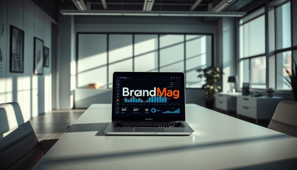 A modern, well-lit office space with sleek, minimalist furniture and clean lines. On the desk, a laptop displays analytics charts and graphs, along with the "BrandMag" logo. Cinematic lighting casts dramatic shadows, creating a sense of depth and emphasizing the data visualization. The room is filled with a professional, data-driven atmosphere, reflecting the importance of measuring brand awareness and engagement metrics. A modern, well-lit office space with sleek, minimalist furniture and clean lines. On the desk, a laptop displays analytics charts and graphs, along with the "BrandMag" logo. Cinematic lighting casts dramatic shadows, creating a sense of depth and emphasizing the data visualization. The room is filled with a professional, data-driven atmosphere, reflecting the importance of measuring brand awareness and engagement metrics.