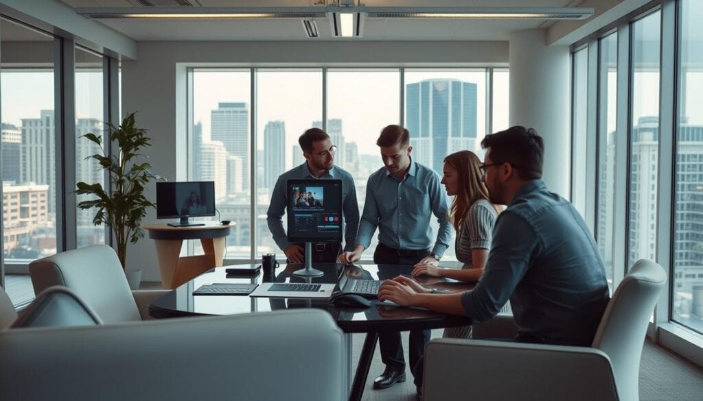 A modern, well-lit office space with sleek, minimalist furniture and large windows overlooking a bustling cityscape. In the center, a team collaborates around a large, interactive display, meticulously refining their video production workflow. Cinematic lighting casts dramatic shadows, highlighting the concentration and focus on their tasks. Advanced software interfaces and high-tech equipment signal the cutting-edge nature of their work. The overall atmosphere exudes a sense of efficiency, innovation, and the collective drive to optimize their video creation process for maximum impact. A modern, well-lit office space with sleek, minimalist furniture and large windows overlooking a bustling cityscape. In the center, a team collaborates around a large, interactive display, meticulously refining their video production workflow. Cinematic lighting casts dramatic shadows, highlighting the concentration and focus on their tasks. Advanced software interfaces and high-tech equipment signal the cutting-edge nature of their work. The overall atmosphere exudes a sense of efficiency, innovation, and the collective drive to optimize their video creation process for maximum impact.