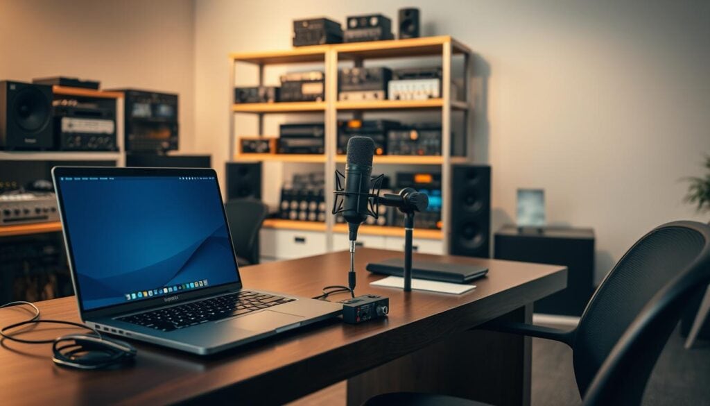 A neatly organized desk in a modern, well-lit office setting. On the desk, a high-end laptop, a professional-grade microphone, and a compact audio interface. In the background, shelves of audio equipment and production software, hinting at the tools needed for a comprehensive podcast workflow. The lighting is soft and directional, creating a warm, cinematic atmosphere. The composition is balanced, with the central desk area framed by the technical equipment in the background, all captured in a photorealistic, 8K resolution. A neatly organized desk in a modern, well-lit office setting. On the desk, a high-end laptop, a professional-grade microphone, and a compact audio interface. In the background, shelves of audio equipment and production software, hinting at the tools needed for a comprehensive podcast workflow. The lighting is soft and directional, creating a warm, cinematic atmosphere. The composition is balanced, with the central desk area framed by the technical equipment in the background, all captured in a photorealistic, 8K resolution.