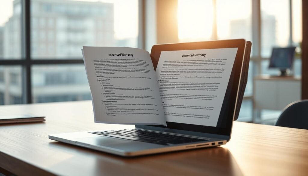 A neatly organized desk in a modern, well-lit office space. An open laptop displaying an expanded warranty document with clear terms and conditions. The document is framed by a professional-grade office chair, its sleek design and quality materials conveying a sense of durability and reliability. Soft, diffused lighting from large windows casts a warm glow, creating an atmosphere of diligence and attention to detail. The overall scene suggests a thoughtful, informed approach to making an important purchasing decision. A neatly organized desk in a modern, well-lit office space. An open laptop displaying an expanded warranty document with clear terms and conditions. The document is framed by a professional-grade office chair, its sleek design and quality materials conveying a sense of durability and reliability. Soft, diffused lighting from large windows casts a warm glow, creating an atmosphere of diligence and attention to detail. The overall scene suggests a thoughtful, informed approach to making an important purchasing decision.