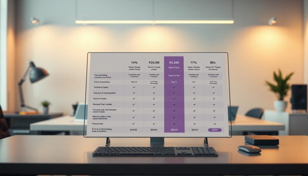 A photorealistic, cinematic pricing plan comparison chart displayed on a sleek modern office desk. The chart is rendered in 8K resolution, showcasing a clean and professional design with clear delineation of features, pricing tiers, and subscription models. Soft, warm lighting illuminates the scene, creating a sense of sophistication and attention to detail. The chart is the focal point, surrounded by a minimalist office environment with hints of technological accents in the background. A photorealistic, cinematic pricing plan comparison chart displayed on a sleek modern office desk. The chart is rendered in 8K resolution, showcasing a clean and professional design with clear delineation of features, pricing tiers, and subscription models. Soft, warm lighting illuminates the scene, creating a sense of sophistication and attention to detail. The chart is the focal point, surrounded by a minimalist office environment with hints of technological accents in the background.