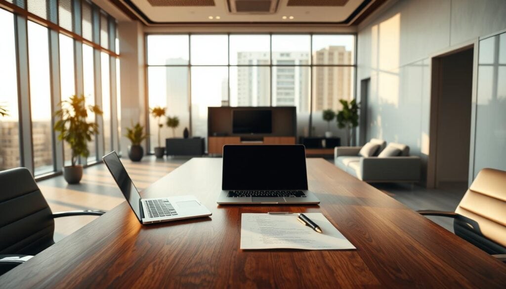 A serene, modern office space with floor-to-ceiling windows, bathed in warm, cinematic lighting. A polished wooden desk takes center stage, with a laptop, pen, and papers neatly arranged, symbolizing the owner's meticulous control over their business. The background features minimalist decor and sleek, contemporary furniture, conveying a sense of professionalism and authority. The overall atmosphere exudes a balance of power, confidence, and a commitment to maintaining complete ownership and direction of the enterprise. Photorealistic, 8K resolution. A serene, modern office space with floor-to-ceiling windows, bathed in warm, cinematic lighting. A polished wooden desk takes center stage, with a laptop, pen, and papers neatly arranged, symbolizing the owner's meticulous control over their business. The background features minimalist decor and sleek, contemporary furniture, conveying a sense of professionalism and authority. The overall atmosphere exudes a balance of power, confidence, and a commitment to maintaining complete ownership and direction of the enterprise. Photorealistic, 8K resolution.