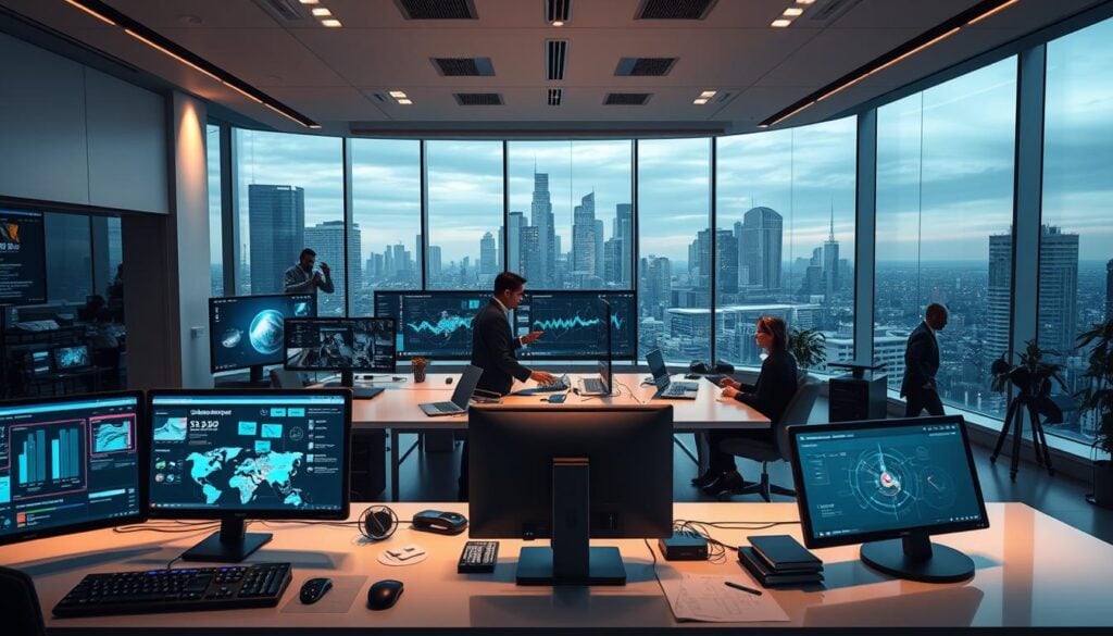 A sleek, modern office filled with cutting-edge AI content creation tools. In the foreground, a suite of advanced software interfaces, each displaying dynamic visuals and intuitive controls. Centered on a large desk, a high-end workstation equipped with multiple displays, rendering complex 3D models and data visualizations. The middle ground features a team of professionals collaborating around a conference table, animatedly discussing their latest project - the "BrandMag" digital magazine. Soft, cinematic lighting illuminates the scene, creating depth and atmosphere. The background showcases floor-to-ceiling windows overlooking a dynamic urban skyline, adding a sense of scale and grandeur to the scene. Photorealistic in 8K resolution, this image captures the innovative spirit of AI-powered content creation in the modern workplace. A sleek, modern office filled with cutting-edge AI content creation tools. In the foreground, a suite of advanced software interfaces, each displaying dynamic visuals and intuitive controls. Centered on a large desk, a high-end workstation equipped with multiple displays, rendering complex 3D models and data visualizations. The middle ground features a team of professionals collaborating around a conference table, animatedly discussing their latest project - the "BrandMag" digital magazine. Soft, cinematic lighting illuminates the scene, creating depth and atmosphere. The background showcases floor-to-ceiling windows overlooking a dynamic urban skyline, adding a sense of scale and grandeur to the scene. Photorealistic in 8K resolution, this image captures the innovative spirit of AI-powered content creation in the modern workplace.