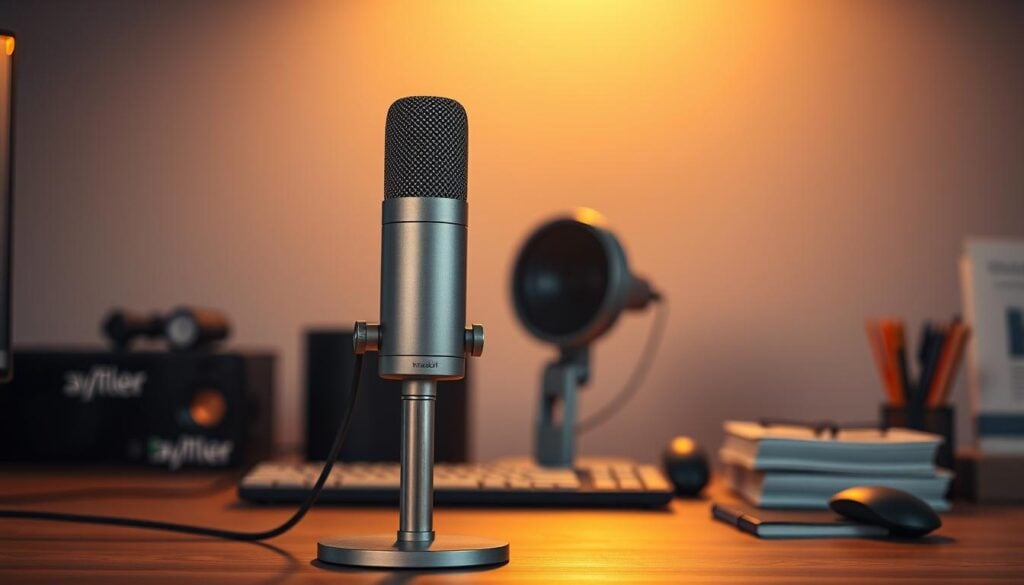 A sleek, professional-grade microphone stands prominently on a well-organized desk, bathed in warm, cinematic lighting that casts subtle shadows. The microphone's metallic body gleams, its intricate mesh grille and balanced cable convey a sense of high-quality engineering. The desk is positioned in a modern, minimalist office setting, with clean lines, neutral tones, and a focus on functionality. The background is slightly blurred, emphasizing the microphone as the central subject, ready to capture clear, pristine audio for a Twitch streaming setup. A sleek, professional-grade microphone stands prominently on a well-organized desk, bathed in warm, cinematic lighting that casts subtle shadows. The microphone's metallic body gleams, its intricate mesh grille and balanced cable convey a sense of high-quality engineering. The desk is positioned in a modern, minimalist office setting, with clean lines, neutral tones, and a focus on functionality. The background is slightly blurred, emphasizing the microphone as the central subject, ready to capture clear, pristine audio for a Twitch streaming setup.