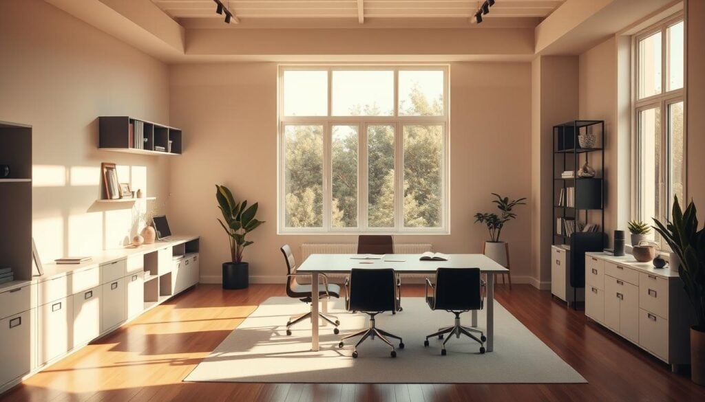 A spacious, minimalist home office with a versatile layout. Warm natural light filters through large windows, casting a soft glow on the clean-lined furniture and sleek, monochrome decor. A generously sized desk doubles as a workstation and a dining area, seamlessly blending functionality and aesthetics. Carefully placed shelves and storage units maximize the available space, creating an organized yet visually appealing environment. Subtle accent pieces and plant life add touches of organic warmth, while the overall design emphasizes simplicity and flexibility - a truly multipurpose home office space that inspires productivity and a sense of calm. A spacious, minimalist home office with a versatile layout. Warm natural light filters through large windows, casting a soft glow on the clean-lined furniture and sleek, monochrome decor. A generously sized desk doubles as a workstation and a dining area, seamlessly blending functionality and aesthetics. Carefully placed shelves and storage units maximize the available space, creating an organized yet visually appealing environment. Subtle accent pieces and plant life add touches of organic warmth, while the overall design emphasizes simplicity and flexibility - a truly multipurpose home office space that inspires productivity and a sense of calm.