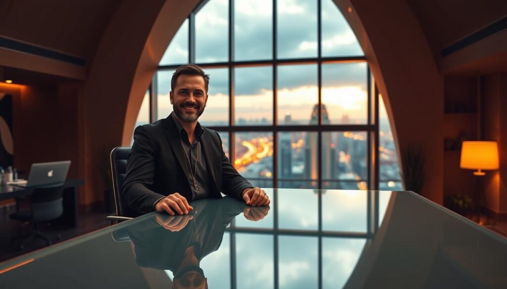 A successful entrepreneur sits at a sleek, glass-topped desk in a modern, high-ceilinged office. Warm, directional lighting casts dramatic shadows, creating a cinematic atmosphere. In the background, a large window offers a panoramic view of a vibrant cityscape. The entrepreneur's expression exudes a sense of accomplishment and pride, reflecting the triumph of their winning side hustle strategy. The scene is captured in stunning photorealistic detail, showcasing the tangible rewards of entrepreneurial endeavors. 8k resolution. A successful entrepreneur sits at a sleek, glass-topped desk in a modern, high-ceilinged office. Warm, directional lighting casts dramatic shadows, creating a cinematic atmosphere. In the background, a large window offers a panoramic view of a vibrant cityscape. The entrepreneur's expression exudes a sense of accomplishment and pride, reflecting the triumph of their winning side hustle strategy. The scene is captured in stunning photorealistic detail, showcasing the tangible rewards of entrepreneurial endeavors. 8k resolution.