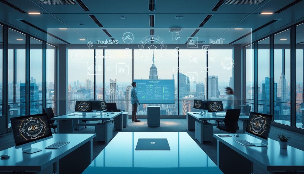 A vibrant and futuristic office setting, with a holographic display showcasing a range of micro-SaaS tools and solutions powered by advanced AI technology. In the foreground, sleek, minimalist workstations with touch-enabled interfaces; in the middle, a central collaboration hub with a large interactive whiteboard; and in the background, a panoramic cityscape view through floor-to-ceiling windows, bathed in warm, cinematic lighting. The overall atmosphere conveys a sense of innovation, efficiency, and seamless integration of artificial intelligence into the daily workflow of a modern micro-SaaS business. A vibrant and futuristic office setting, with a holographic display showcasing a range of micro-SaaS tools and solutions powered by advanced AI technology. In the foreground, sleek, minimalist workstations with touch-enabled interfaces; in the middle, a central collaboration hub with a large interactive whiteboard; and in the background, a panoramic cityscape view through floor-to-ceiling windows, bathed in warm, cinematic lighting. The overall atmosphere conveys a sense of innovation, efficiency, and seamless integration of artificial intelligence into the daily workflow of a modern micro-SaaS business.
