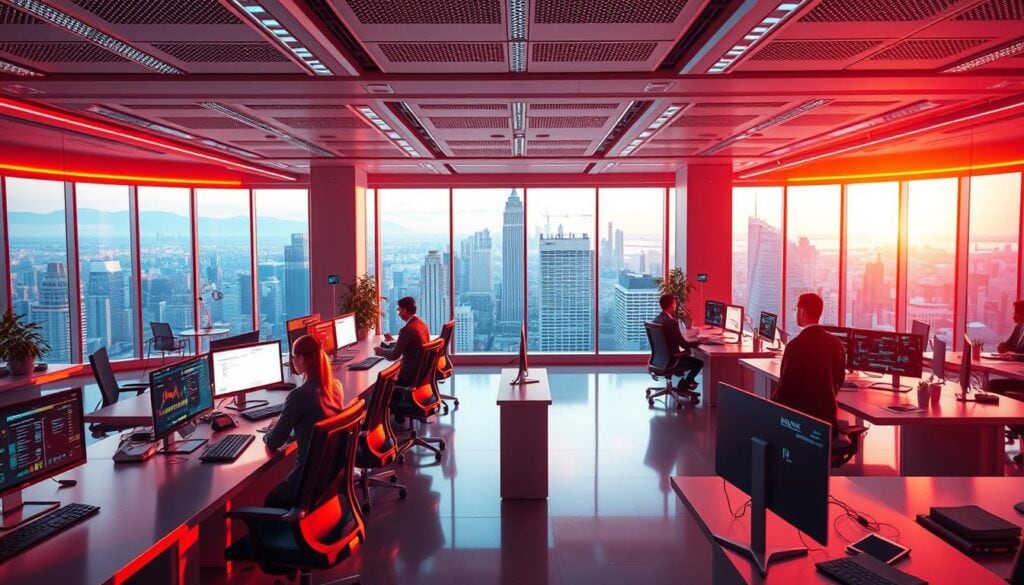 A vibrant, futuristic business office brimming with cutting-edge creator management tools and platforms. Streamlined workstations bathed in warm, cinematic lighting create a sleek, modern atmosphere. Holographic interfaces, digital dashboards, and intuitive productivity apps fill the spacious, airy room, reflecting the dynamic nature of the creator economy. In the background, panoramic windows offer a captivating cityscape, hinting at the global reach and interconnectivity of these innovative platforms. The scene exudes a sense of efficiency, collaboration, and the endless possibilities of the creator's digital landscape. A vibrant, futuristic business office brimming with cutting-edge creator management tools and platforms. Streamlined workstations bathed in warm, cinematic lighting create a sleek, modern atmosphere. Holographic interfaces, digital dashboards, and intuitive productivity apps fill the spacious, airy room, reflecting the dynamic nature of the creator economy. In the background, panoramic windows offer a captivating cityscape, hinting at the global reach and interconnectivity of these innovative platforms. The scene exudes a sense of efficiency, collaboration, and the endless possibilities of the creator's digital landscape.