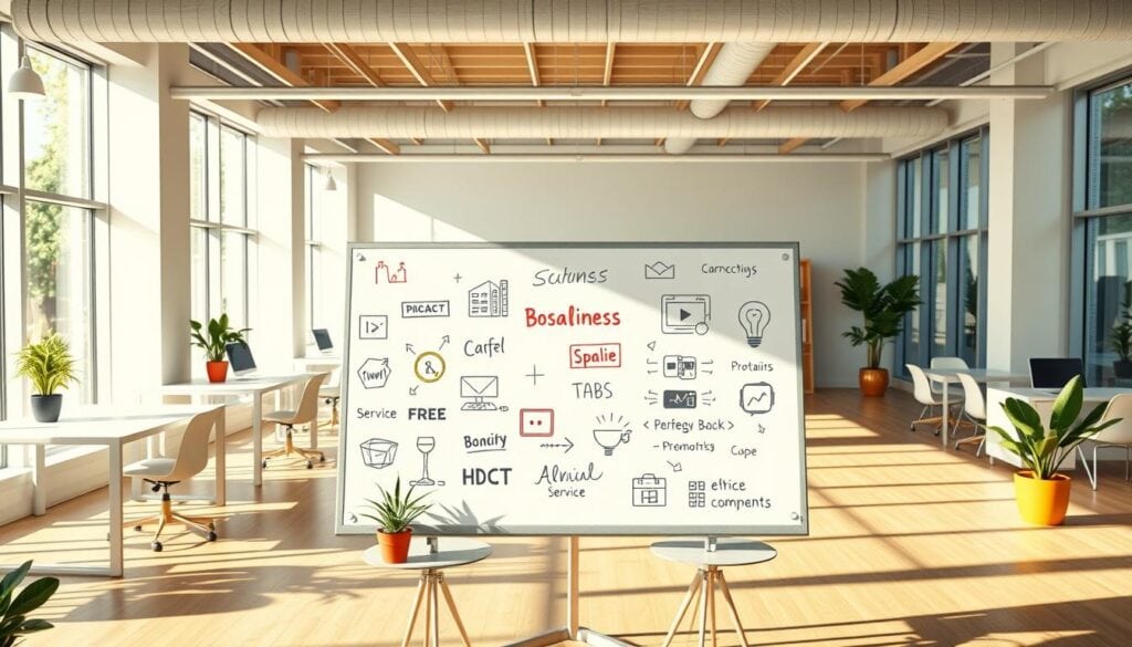 A vibrant, modern office space with abundant natural light streaming through floor-to-ceiling windows. Sleek, minimalist desks and chairs arranged in an open layout, suggesting an environment conducive to collaboration and creativity. Pops of color from artfully placed plants and geometric decor elements add a touch of dynamism. In the foreground, a large whiteboard displays various business concepts and ideas, representing the endless possibilities for local service ventures. The overall mood is one of inspiration and entrepreneurial spirit, capturing the essence of turning local trends into profitable side hustle opportunities. A vibrant, modern office space with abundant natural light streaming through floor-to-ceiling windows. Sleek, minimalist desks and chairs arranged in an open layout, suggesting an environment conducive to collaboration and creativity. Pops of color from artfully placed plants and geometric decor elements add a touch of dynamism. In the foreground, a large whiteboard displays various business concepts and ideas, representing the endless possibilities for local service ventures. The overall mood is one of inspiration and entrepreneurial spirit, capturing the essence of turning local trends into profitable side hustle opportunities.