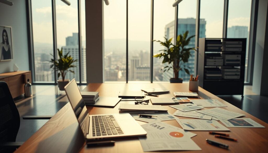 A vibrant, photorealistic office scene depicting the "Leveraging Templates and Tools for Your Deck" concept. In the foreground, a designer's desk features a sleek laptop and various digital tools and templates spread out, suggesting a workflow in progress. The middle ground showcases a minimalist, modern office environment with large windows allowing natural light to flood the space. The background features a cityscape visible through the windows, creating a sense of context and inspiration. The overall mood is one of productivity, innovation, and a touch of creativity, captured through cinematic lighting and an 8K level of detail.