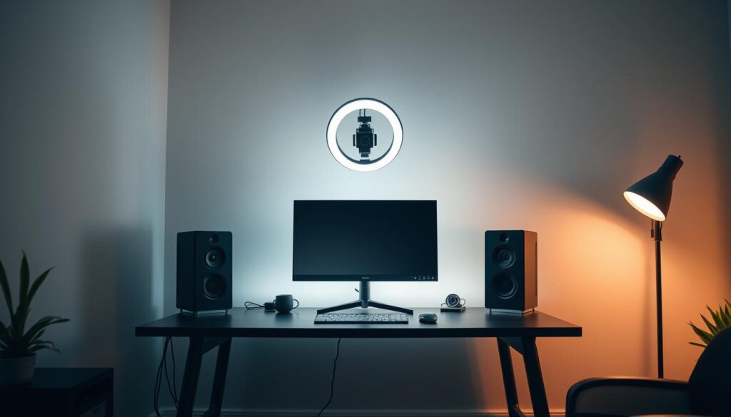 A well-lit corner of a modern home office, showcasing a professional-grade streaming setup on a sturdy, minimalist desk. A sleek, high-quality webcam and ring light stand atop the desk, illuminating the scene with a soft, cinematic glow. Behind the desk, a neutral-toned wall provides a clean, uncluttered backdrop, allowing the equipment to take center stage. The setup exudes an air of efficiency and affordability, demonstrating that a cost-effective Twitch streaming station can still deliver high-quality results. The overall scene is captured in an 8K resolution, rendering every detail in photorealistic clarity. A well-lit corner of a modern home office, showcasing a professional-grade streaming setup on a sturdy, minimalist desk. A sleek, high-quality webcam and ring light stand atop the desk, illuminating the scene with a soft, cinematic glow. Behind the desk, a neutral-toned wall provides a clean, uncluttered backdrop, allowing the equipment to take center stage. The setup exudes an air of efficiency and affordability, demonstrating that a cost-effective Twitch streaming station can still deliver high-quality results. The overall scene is captured in an 8K resolution, rendering every detail in photorealistic clarity.