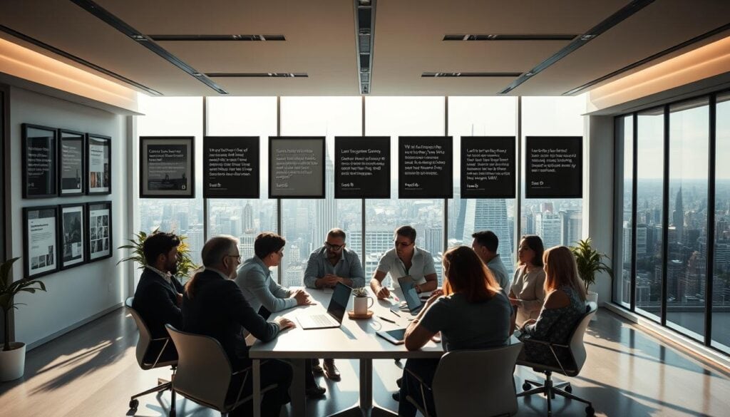 A well-lit, modern office setting with a sleek, minimalist aesthetic. In the foreground, a group of people are gathered around a conference table, engaged in a lively discussion. The lighting is soft and cinematic, casting dramatic shadows and highlights on their faces. In the middle ground, a series of framed case studies and testimonials hang on the walls, showcasing the success stories of various creators who have utilized newsletter platforms. The background features a panoramic view of a bustling city skyline, visible through large, floor-to-ceiling windows. The overall atmosphere is one of professionalism, creativity, and industry expertise. A well-lit, modern office setting with a sleek, minimalist aesthetic. In the foreground, a group of people are gathered around a conference table, engaged in a lively discussion. The lighting is soft and cinematic, casting dramatic shadows and highlights on their faces. In the middle ground, a series of framed case studies and testimonials hang on the walls, showcasing the success stories of various creators who have utilized newsletter platforms. The background features a panoramic view of a bustling city skyline, visible through large, floor-to-ceiling windows. The overall atmosphere is one of professionalism, creativity, and industry expertise.