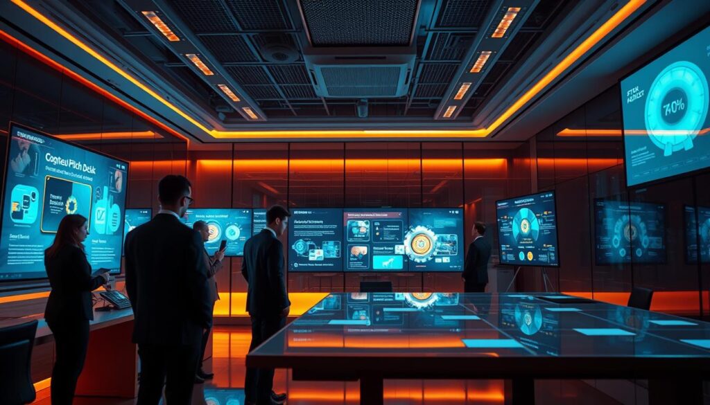 High-tech startup office interior with innovative pitch deck examples displayed on digital screens, holographic projections, and physical presentation boards. Sleek, minimalist design with warm, cinematic lighting and reflections creating a futuristic, cutting-edge atmosphere. Businesspeople in formal attire examining the pitch decks, deep in discussion. Camera angle from slightly elevated perspective to capture the full scope of the dynamic workspace. Photorealistic, 8K resolution, no text overlays.