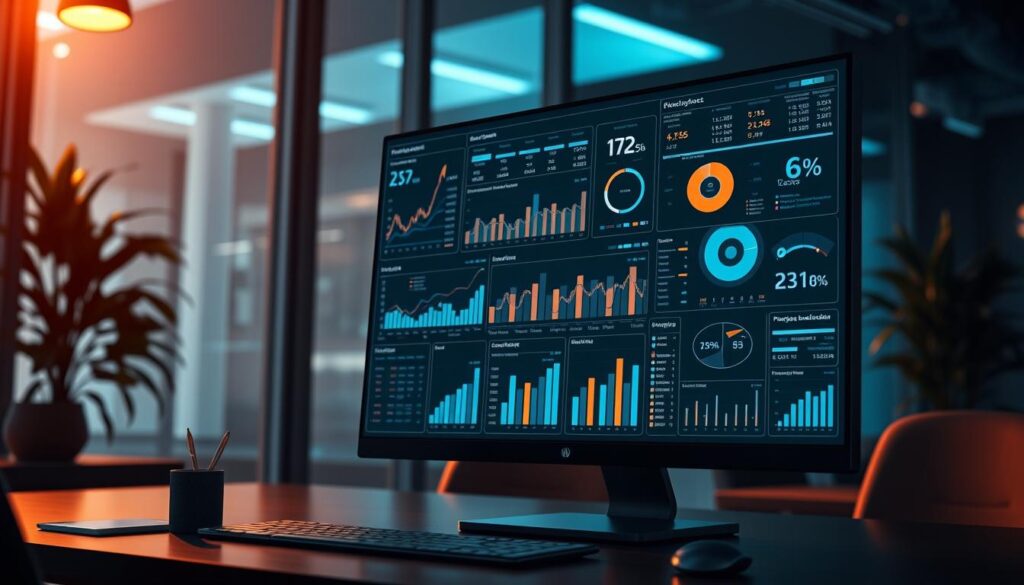 Photorealistic business analytics dashboard with cinematic lighting in a modern office setting. Cutting-edge data visualizations on a sleek, minimalist computer display showcase comprehensive insights for the BrandMag company. Subtle ambient lighting creates a warm, professional atmosphere. Intricate charts, graphs, and metrics present a wealth of actionable information. Angles and composition emphasize the power and sophistication of the AI-driven analytics tools. Highly detailed, 8k resolution for maximum visual impact. Photorealistic business analytics dashboard with cinematic lighting in a modern office setting. Cutting-edge data visualizations on a sleek, minimalist computer display showcase comprehensive insights for the BrandMag company. Subtle ambient lighting creates a warm, professional atmosphere. Intricate charts, graphs, and metrics present a wealth of actionable information. Angles and composition emphasize the power and sophistication of the AI-driven analytics tools. Highly detailed, 8k resolution for maximum visual impact.