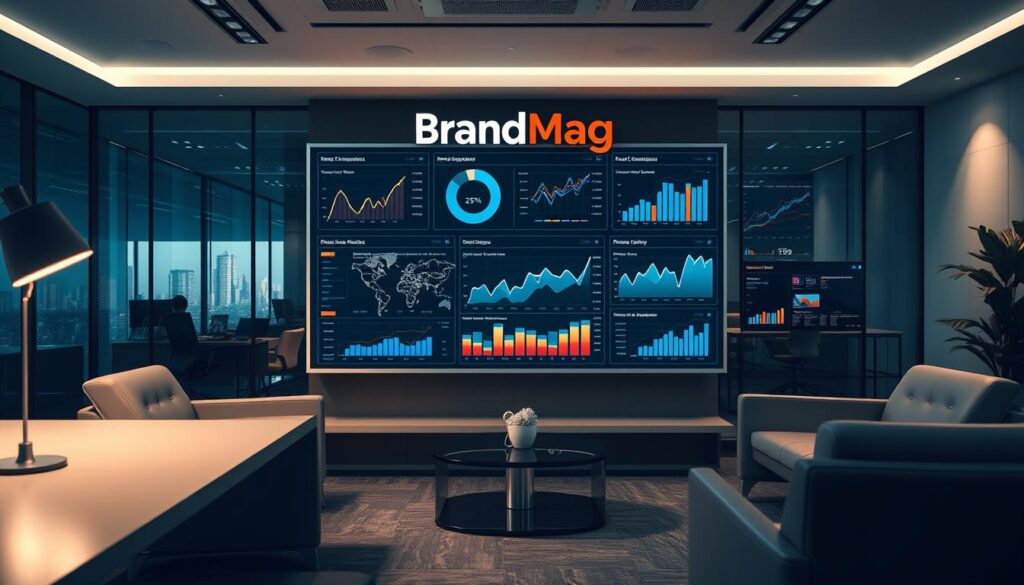 Photorealistic business dashboard displaying insightful analytics data, set in a modern office environment with sleek furniture and cinematic lighting. The BrandMag logo is prominently featured, projecting an authoritative and professional atmosphere. Intricate data visualizations, such as interactive charts and graphs, are the focal point, conveying a sense of data-driven decision making. The overall scene exudes a sense of progress, innovation, and a forward-thinking approach to digital marketing strategies. Photorealistic business dashboard displaying insightful analytics data, set in a modern office environment with sleek furniture and cinematic lighting. The BrandMag logo is prominently featured, projecting an authoritative and professional atmosphere. Intricate data visualizations, such as interactive charts and graphs, are the focal point, conveying a sense of data-driven decision making. The overall scene exudes a sense of progress, innovation, and a forward-thinking approach to digital marketing strategies.
