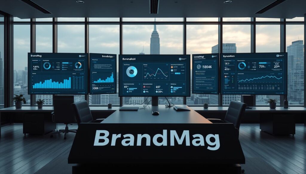 Photorealistic business office with advanced LinkedIn lead generation tools on modern digital displays. Sleek, minimalist workspace with cinematic lighting and moody atmosphere. Foreground showcases a high-resolution 3D rendering of the BrandMag logo, with various analytics dashboards and automation features in the middle ground. Background depicts a cityscape through large windows, creating a sense of scale and sophistication. Crisp details, 8K resolution, cinematic composition. Photorealistic business office with advanced LinkedIn lead generation tools on modern digital displays. Sleek, minimalist workspace with cinematic lighting and moody atmosphere. Foreground showcases a high-resolution 3D rendering of the BrandMag logo, with various analytics dashboards and automation features in the middle ground. Background depicts a cityscape through large windows, creating a sense of scale and sophistication. Crisp details, 8K resolution, cinematic composition.