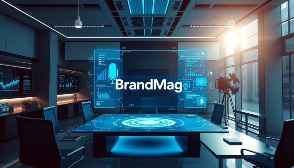 Photorealistic business office with cinematic lighting, showcasing the technical implementation of voice search. A sleek, modern workspace with a large holographic display depicting a voice search interface, surrounded by data visualizations and digital analytics. The BrandMag logo is prominently featured, conveying the cutting-edge nature of the content. Subtle hues of blue and grey create a professional, futuristic atmosphere. The scene is captured in an 8k resolution, highlighting the intricate details and advanced technology. Photorealistic business office with cinematic lighting, showcasing the technical implementation of voice search. A sleek, modern workspace with a large holographic display depicting a voice search interface, surrounded by data visualizations and digital analytics. The BrandMag logo is prominently featured, conveying the cutting-edge nature of the content. Subtle hues of blue and grey create a professional, futuristic atmosphere. The scene is captured in an 8k resolution, highlighting the intricate details and advanced technology.