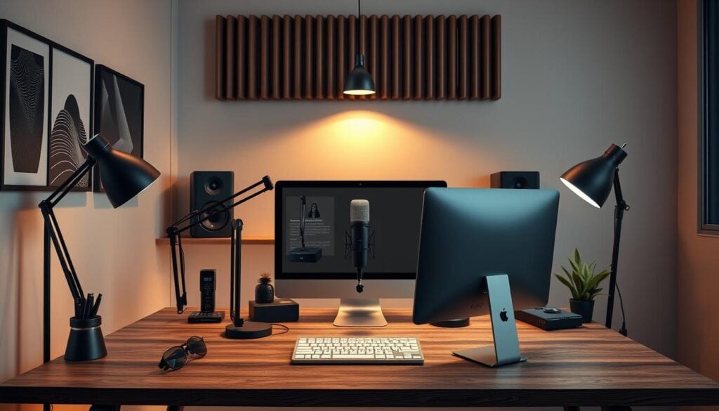 Photorealistic business podcast artwork design featuring a modern office workspace with sleek minimalist decor, dramatic cinematic lighting that creates a warm and inviting atmosphere. The scene includes a desktop computer, studio microphone, and other essential podcast equipment artfully arranged on a wooden desk. The overall composition has a clean, contemporary aesthetic with a focus on the tools and technology that enable professional-grade audio production. The image is captured in high-resolution 8k quality, showcasing every intricate detail with exceptional clarity and visual impact. Photorealistic business podcast artwork design featuring a modern office workspace with sleek minimalist decor, dramatic cinematic lighting that creates a warm and inviting atmosphere. The scene includes a desktop computer, studio microphone, and other essential podcast equipment artfully arranged on a wooden desk. The overall composition has a clean, contemporary aesthetic with a focus on the tools and technology that enable professional-grade audio production. The image is captured in high-resolution 8k quality, showcasing every intricate detail with exceptional clarity and visual impact.