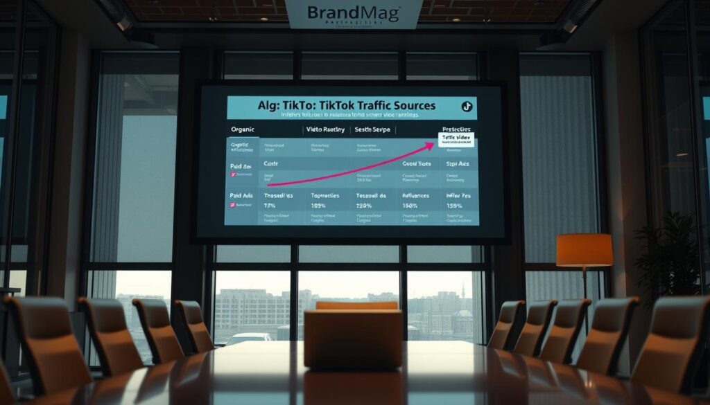 Photorealistic business scene depicting the TikTok algorithm's traffic sources, showcased on a large digital screen in a modern, well-lit office space. Cinematic lighting illuminates the screen, revealing a detailed visual analysis of the various traffic channels influencing TikTok video rankings, including organic discovery, paid ads, and influencer referrals. The screen prominently displays the BrandMag logo, reflecting the professional, analytical nature of the content. The scene conveys a sense of data-driven insights, strategic planning, and a forward-looking approach to TikTok SEO optimization.
