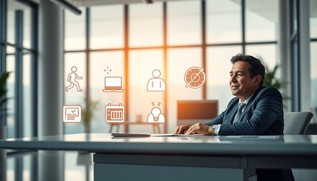 Photorealistic business scene depicting the key benefits of a robust morning routine. In the foreground, a successful CEO sits at a sleek, minimalist desk, radiating focused determination. Soft, cinematic lighting illuminates their face, evoking a sense of purpose and clarity. In the middle ground, a series of icons representing the core elements of a morning routine - exercise, meditation, planning, healthy breakfast - float ethereally, their vibrant colors and elegant forms suggesting the transformative power of these daily practices. The background depicts a modern, airy office space with floor-to-ceiling windows, allowing natural light to pour in and create an atmosphere of openness and inspiration. The overall scene conveys the tangible advantages of cultivating a robust morning routine: enhanced productivity, mental sharpness, and a heightened sense of control over one's day. 8k resolution. Photorealistic business scene depicting the key benefits of a robust morning routine. In the foreground, a successful CEO sits at a sleek, minimalist desk, radiating focused determination. Soft, cinematic lighting illuminates their face, evoking a sense of purpose and clarity. In the middle ground, a series of icons representing the core elements of a morning routine - exercise, meditation, planning, healthy breakfast - float ethereally, their vibrant colors and elegant forms suggesting the transformative power of these daily practices. The background depicts a modern, airy office space with floor-to-ceiling windows, allowing natural light to pour in and create an atmosphere of openness and inspiration. The overall scene conveys the tangible advantages of cultivating a robust morning routine: enhanced productivity, mental sharpness, and a heightened sense of control over one's day. 8k resolution.