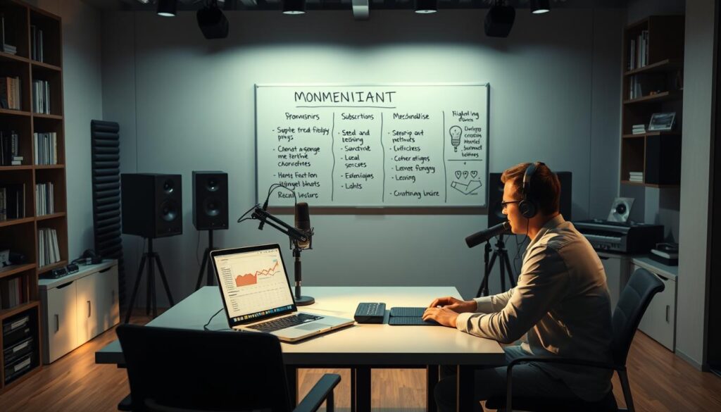 Photorealistic business scene depicting various monetization strategies for a modern podcast studio. In the foreground, a host sits at a sleek desk, examining revenue metrics displayed on a laptop screen. Soft, cinematic lighting illuminates the scene, casting subtle shadows and highlights. In the middle ground, a whiteboard showcases different monetization methods, such as sponsorships, subscriptions, and merchandise. The background features bookshelves, sound-dampening panels, and high-end audio equipment, all in a minimalist, professional office environment. The overall atmosphere conveys a sense of productivity, success, and the financial potential of a thriving podcast business. Photorealistic business scene depicting various monetization strategies for a modern podcast studio. In the foreground, a host sits at a sleek desk, examining revenue metrics displayed on a laptop screen. Soft, cinematic lighting illuminates the scene, casting subtle shadows and highlights. In the middle ground, a whiteboard showcases different monetization methods, such as sponsorships, subscriptions, and merchandise. The background features bookshelves, sound-dampening panels, and high-end audio equipment, all in a minimalist, professional office environment. The overall atmosphere conveys a sense of productivity, success, and the financial potential of a thriving podcast business.