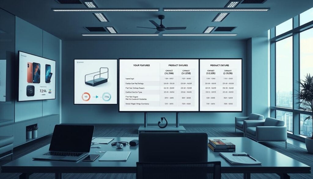 Photorealistic business scene showcasing a comparison of product features and pricing for "BrandMag". A modern office interior with sleek furniture, cinematic lighting, and multiple display screens prominently featuring product details. In the foreground, a professional-looking desk with a laptop, smart devices, and neatly organized documents. The middle ground features a large, high-resolution display highlighting the product comparison, with clean typography and infographics. The background depicts a minimalist, well-lit office space with large windows overlooking an urban landscape. The overall atmosphere is one of sophisticated professionalism and attention to detail, creating a visually striking image to accompany the "Comparing Top Product Roundup: Features & Pricing" section. Photorealistic business scene showcasing a comparison of product features and pricing for "BrandMag". A modern office interior with sleek furniture, cinematic lighting, and multiple display screens prominently featuring product details. In the foreground, a professional-looking desk with a laptop, smart devices, and neatly organized documents. The middle ground features a large, high-resolution display highlighting the product comparison, with clean typography and infographics. The background depicts a minimalist, well-lit office space with large windows overlooking an urban landscape. The overall atmosphere is one of sophisticated professionalism and attention to detail, creating a visually striking image to accompany the "Comparing Top Product Roundup: Features & Pricing" section.