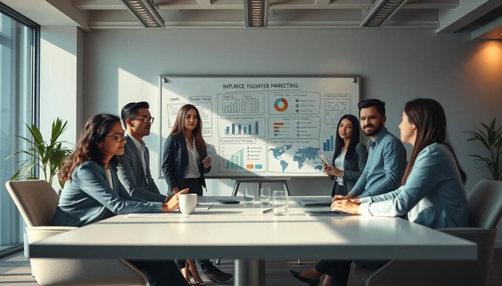 Photorealistic business setting, modern office interior with sleek furniture and minimalist decor. Cinematic lighting casts dramatic shadows, highlighting a team of young professionals engaged in a strategy meeting. An expansive whiteboard displays data visualizations and campaign plans, conveying the impact of influencer marketing. The team's expressions exude focus and determination as they collaboratively shape the future of the creator economy. Capturing the essence of this cutting-edge industry, an 8k rendering showcases the dynamic and innovative nature of influencer-driven business success. Photorealistic business setting, modern office interior with sleek furniture and minimalist decor. Cinematic lighting casts dramatic shadows, highlighting a team of young professionals engaged in a strategy meeting. An expansive whiteboard displays data visualizations and campaign plans, conveying the impact of influencer marketing. The team's expressions exude focus and determination as they collaboratively shape the future of the creator economy. Capturing the essence of this cutting-edge industry, an 8k rendering showcases the dynamic and innovative nature of influencer-driven business success.