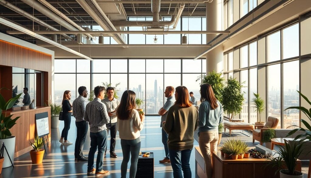 Photorealistic corporate office with modern, airy interior design and a focus on employee wellbeing. Bright, warm lighting illuminates a spacious lobby with natural elements like potted plants and wooden accents. In the foreground, a group of employees engage in a collaborative discussion, their body language conveying a sense of camaraderie and open communication. In the middle ground, a wellness station offers healthy snacks and relaxation areas, while the background showcases expansive windows overlooking a scenic city landscape, creating a calming, inspirational atmosphere. The scene conveys an employer's commitment to fostering a supportive, nurturing work environment that prioritizes the overall wellbeing of their staff. Photorealistic corporate office with modern, airy interior design and a focus on employee wellbeing. Bright, warm lighting illuminates a spacious lobby with natural elements like potted plants and wooden accents. In the foreground, a group of employees engage in a collaborative discussion, their body language conveying a sense of camaraderie and open communication. In the middle ground, a wellness station offers healthy snacks and relaxation areas, while the background showcases expansive windows overlooking a scenic city landscape, creating a calming, inspirational atmosphere. The scene conveys an employer's commitment to fostering a supportive, nurturing work environment that prioritizes the overall wellbeing of their staff.