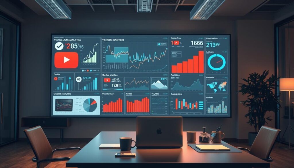 Photorealistic depiction of a modern, well-lit office space. In the foreground, a large display showcases intricate YouTube analytics data, visualized through interactive charts, graphs, and infographics. The middle ground features a stylish desk with a laptop, coffee mug, and other work essentials, suggesting a professional, focused environment. The background is bathed in a warm, cinematic lighting, creating a sense of depth and atmosphere. The overall scene conveys a mood of data-driven optimization and strategic decision-making, aligning with the article's subject matter. Photorealistic depiction of a modern, well-lit office space. In the foreground, a large display showcases intricate YouTube analytics data, visualized through interactive charts, graphs, and infographics. The middle ground features a stylish desk with a laptop, coffee mug, and other work essentials, suggesting a professional, focused environment. The background is bathed in a warm, cinematic lighting, creating a sense of depth and atmosphere. The overall scene conveys a mood of data-driven optimization and strategic decision-making, aligning with the article's subject matter.